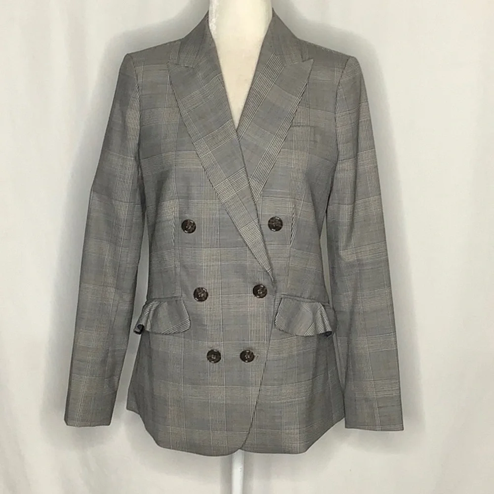J. Crew Glen Plaid Double Breasted Wool Ruffle Pocket Blazer Jacket  Size 4